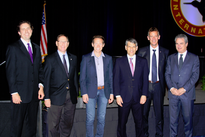 Left-to-right in the photo are Glenn Isbell, EVP, Bell Helicopter; Dave Koopersmith, VP/GM, Boeing Vertical Lift; Jeff Holden, Chief Product Officer, Uber; Mike Hirschberg, Executive Director, AHS; Jean-Brice Dumont, EVP/CTO Airbus Helicopters; and Daniele Romiti, Managing Director, Leonardo Helicopters. (Not shown, Mark Miller, VP, Engineering at Sikorsky, who was awarded an AHS Honorary Fellowship.)